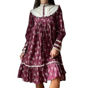 Vintage Gunne Sax Long Sleeve Burgundy Floral Romantic Prairie Lace Dress XS/S